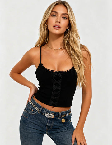 Ladies Solid Color Velvet Corset Bow Front Padded Cami Top