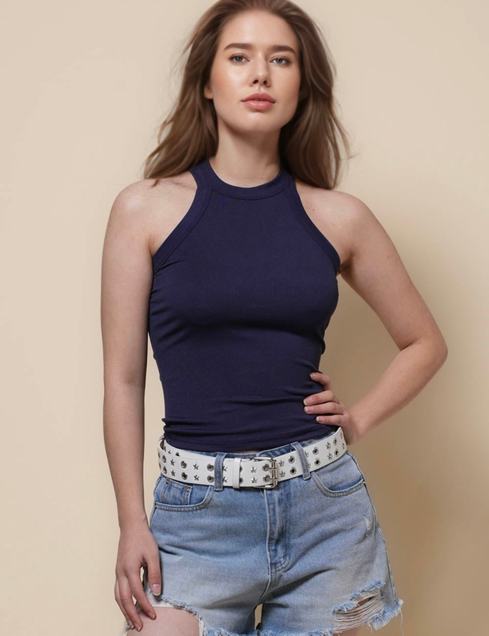 Ladies Round Collar Sleeveless Rib Tank Top SKT41277