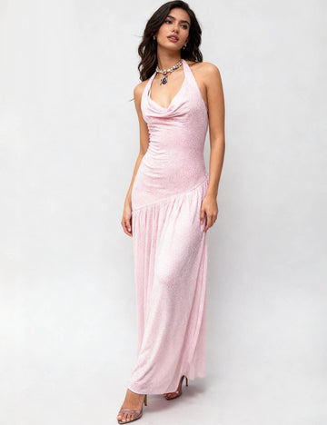 Ladies Sparkle Rhinestone Halter Cowl Neck Maxi Dress