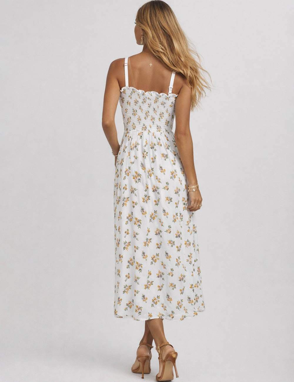 Ladies Lemon Print Ruched Bodice Tie Front Split Midi Dress