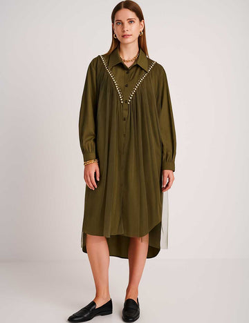 Ladies Pearl Beading Mesh Splice Button Down Midi Dress