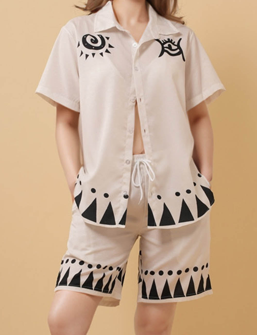 Ladies Turn-down Collar Totem Short Sleeves 2PCS Set 8SKST51271