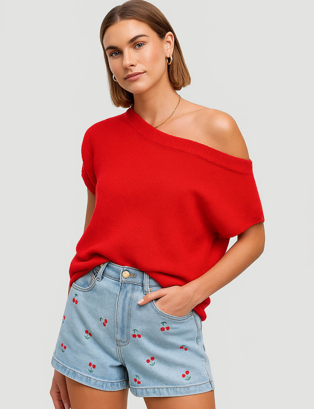 Ladies Solid Color One Shoulder Short Sleeves Knit Top