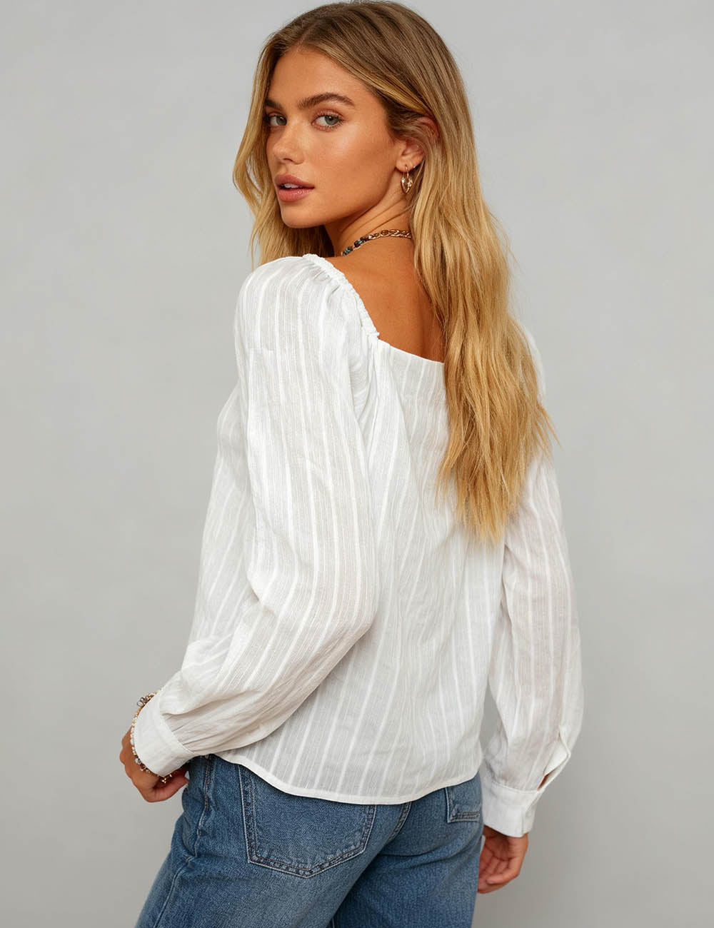 Ladies White Square Neck Tie Front Blouse