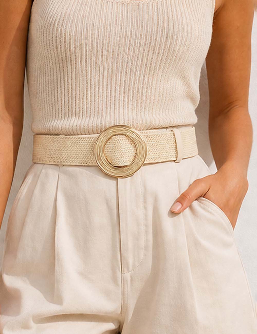 Ladies Boho Woven Straw Elastic Belt Round Metal Buckle Waist Belt