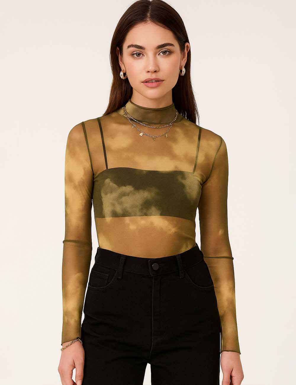 Women Color Block Blouse See Sheer Clould Print Layring Top