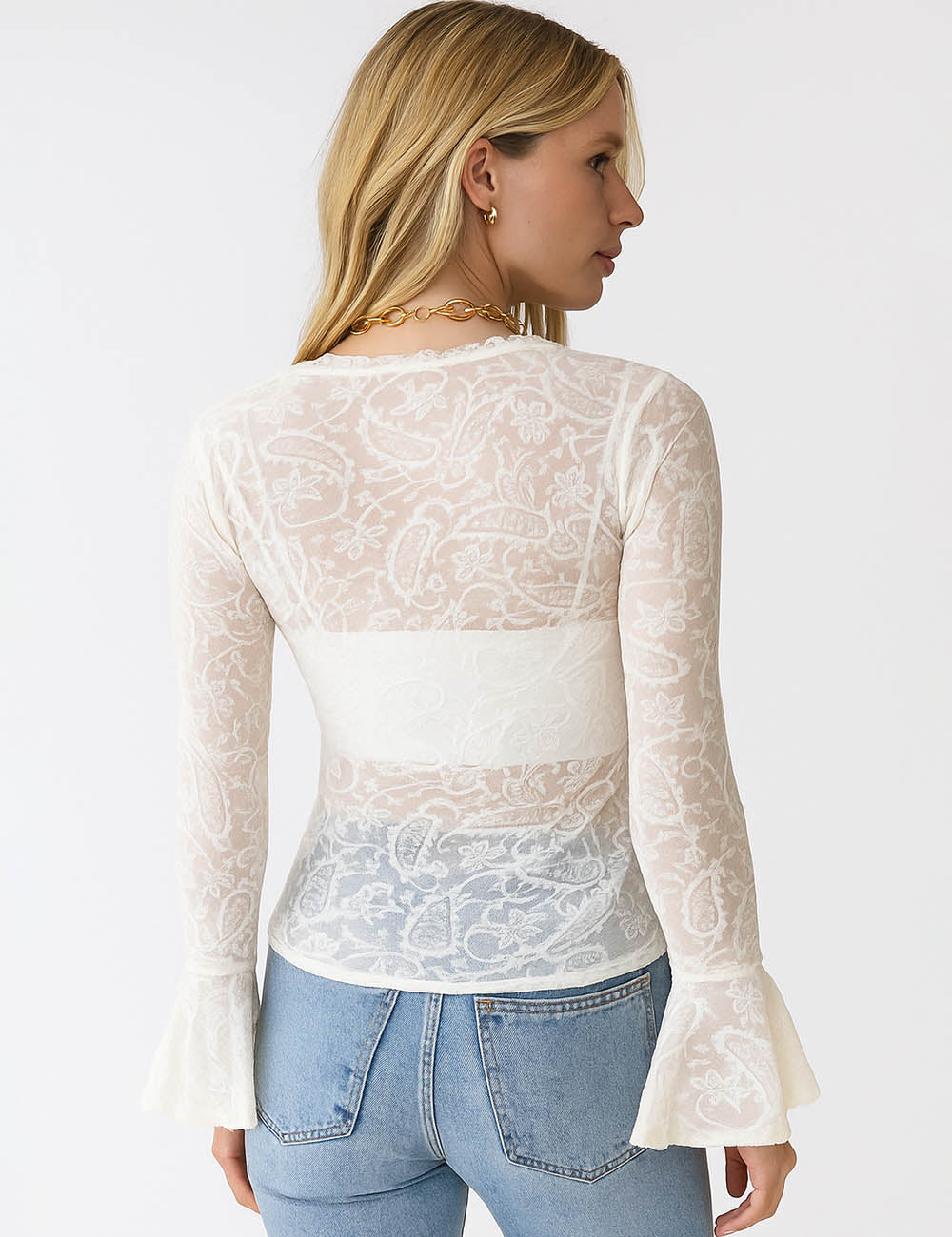 Ladies Floral Pattern See Sheer V-Neck Flared Sleeves Top