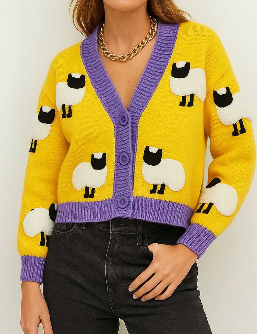Ladies V-Neck Sheep Pattern Crochet Knit Cardigan