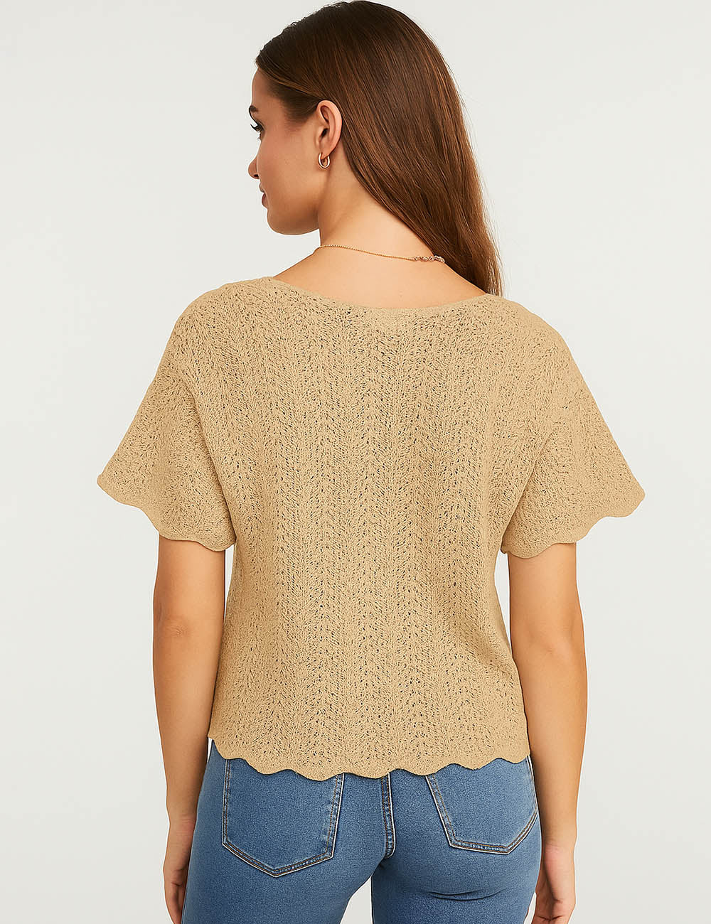 Ladies Solid Color Hollow Out Pullover Short Sleeves Knit Top
