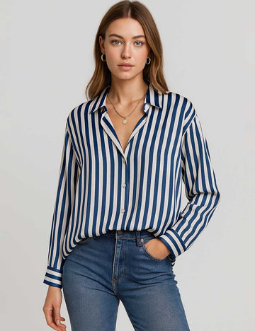 Ladies Striped Stain Turn-Down Collar Long Sleeves Shirt