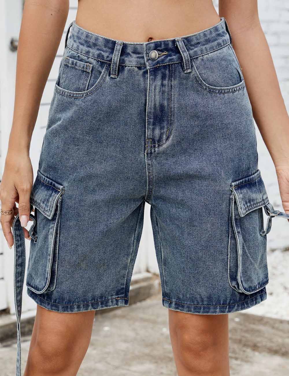Ladies Washed Ribbon Straight Leg Denim Shorts 8SKP5X44