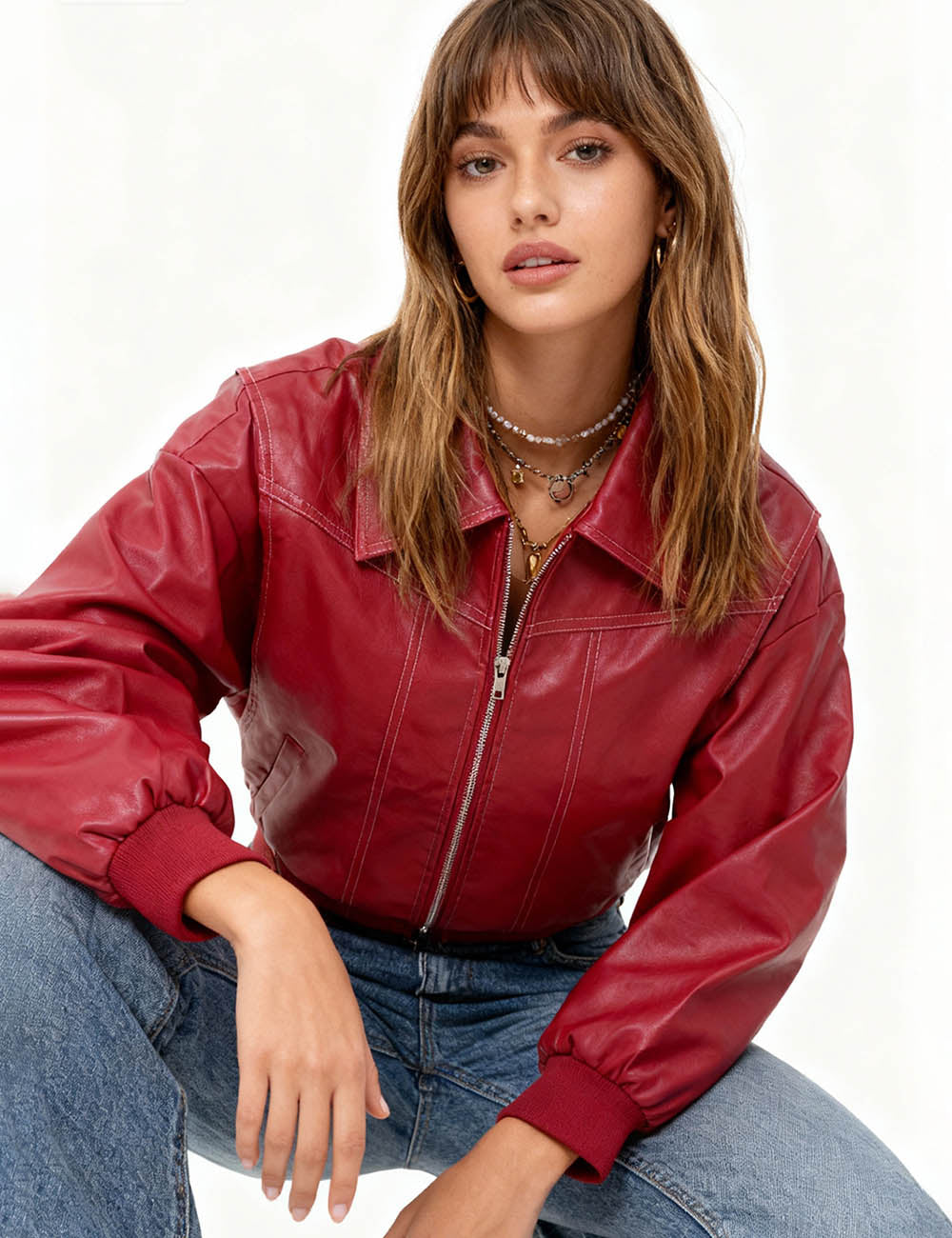 Ladies Contrast Topstitching Lapel Collar Zip-Up Leather Jackets