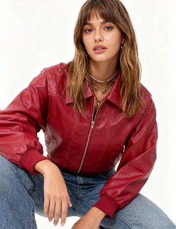 Ladies Contrast Topstitching Lapel Collar Zip-Up Leather Jackets