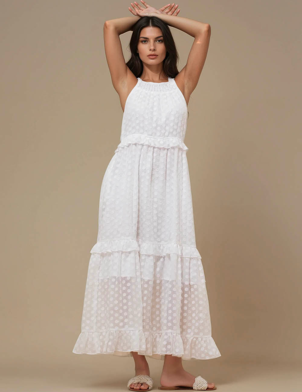 Ladies Sleeveless String Tie Polka Dot Maxi Dress SKD51122