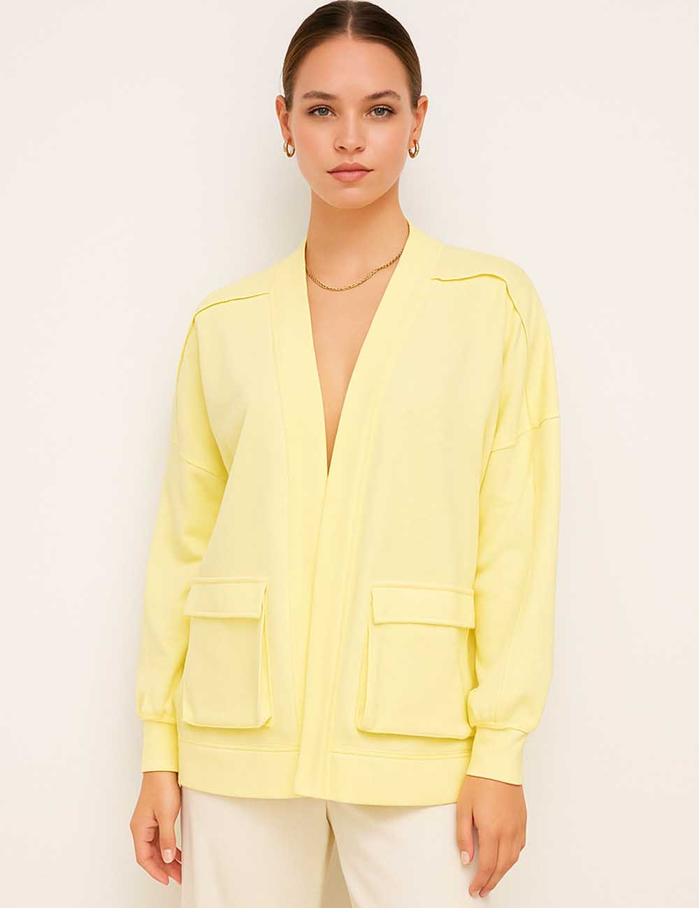 Ladies Solid Color Seam Front Open Long Sleeves Sweatshirt