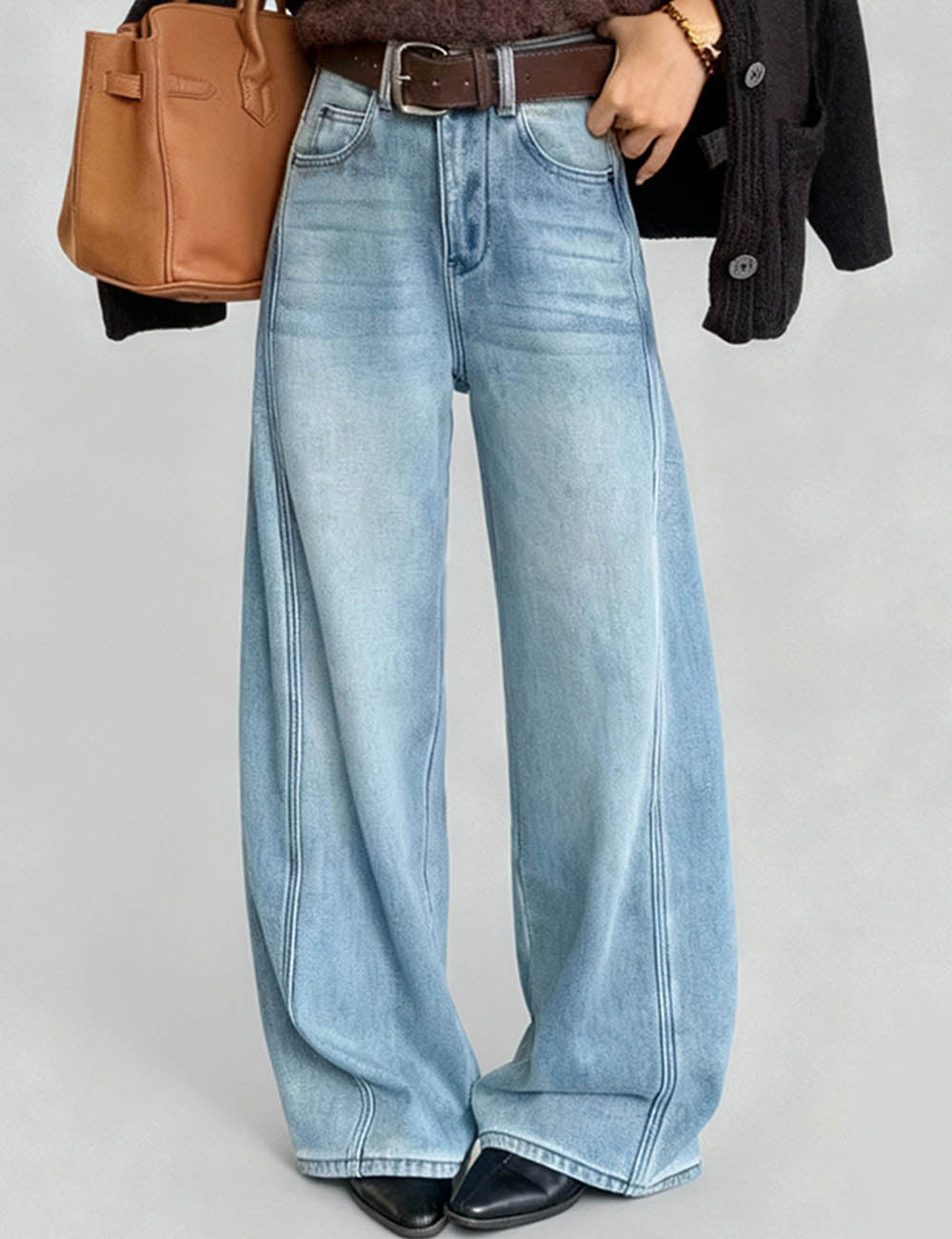 Ladies Fleece Lined Straight Wide Leg Denim Pants