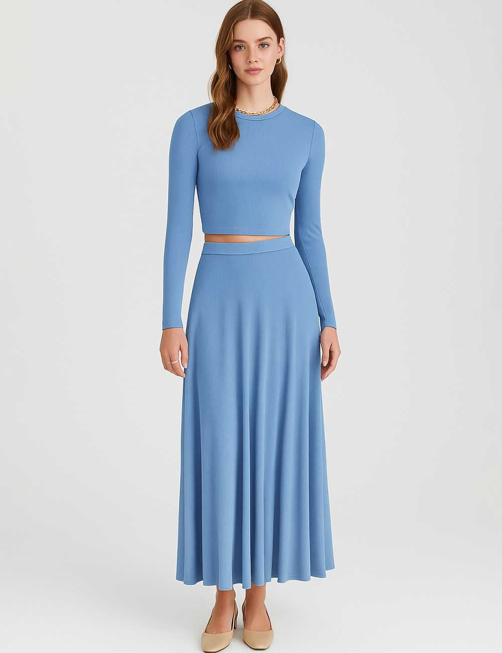 Ladies Stretch Ribbed Knit Round Neck Top & Skirt Set