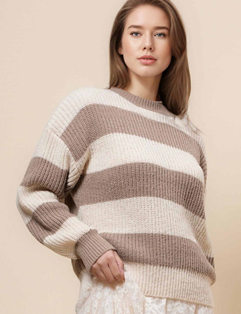 Ladies Stripe Color Block Everyday Pullover Sweater SKT4932