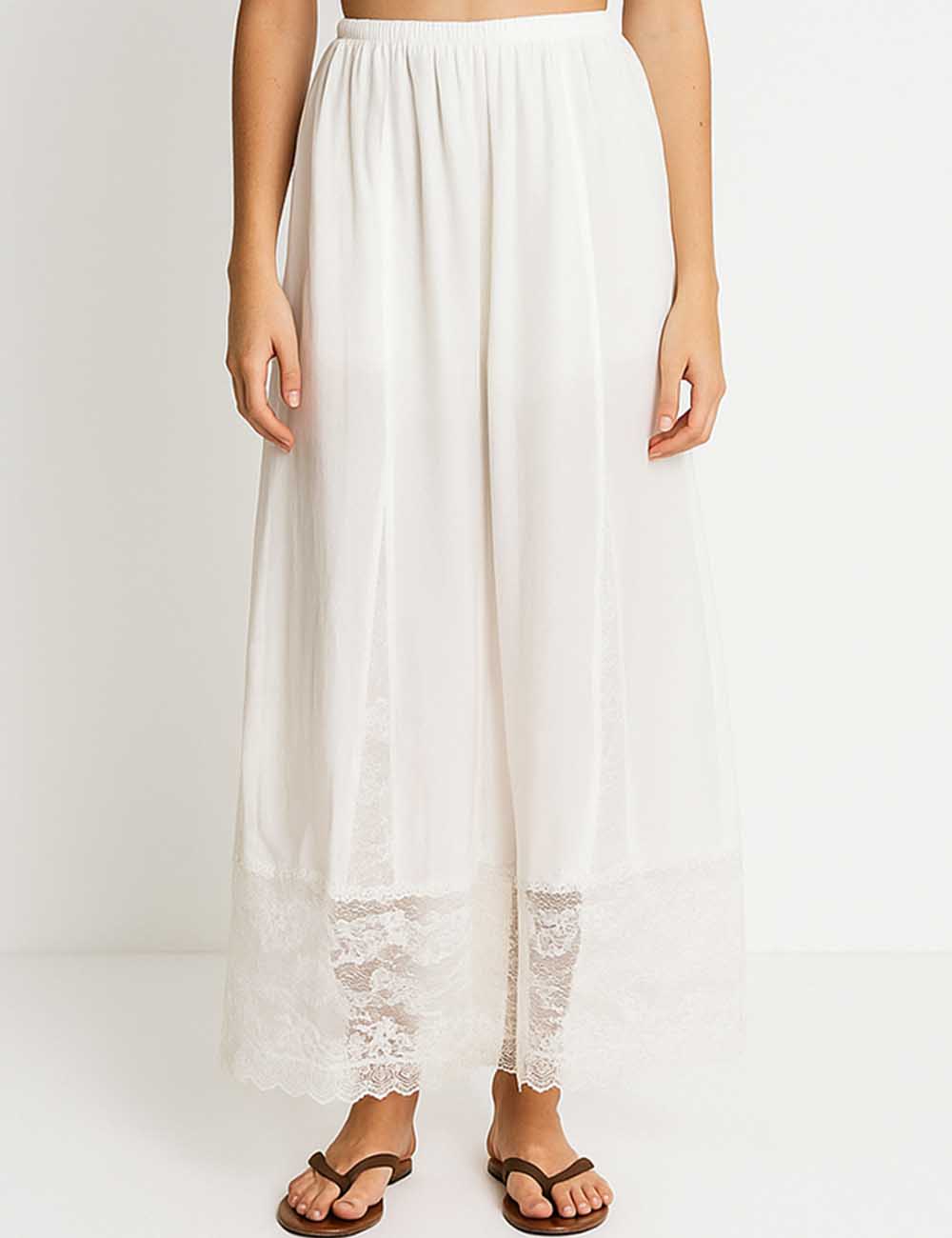 Ladies Elastic Waist Tie Front Split Wide Leg Lace Pants