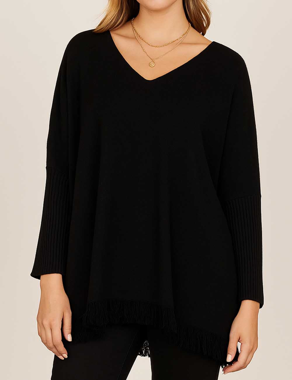 Ladies  Fringe Hem V-Neck Solid Color Poncho Ribbed Knit Top