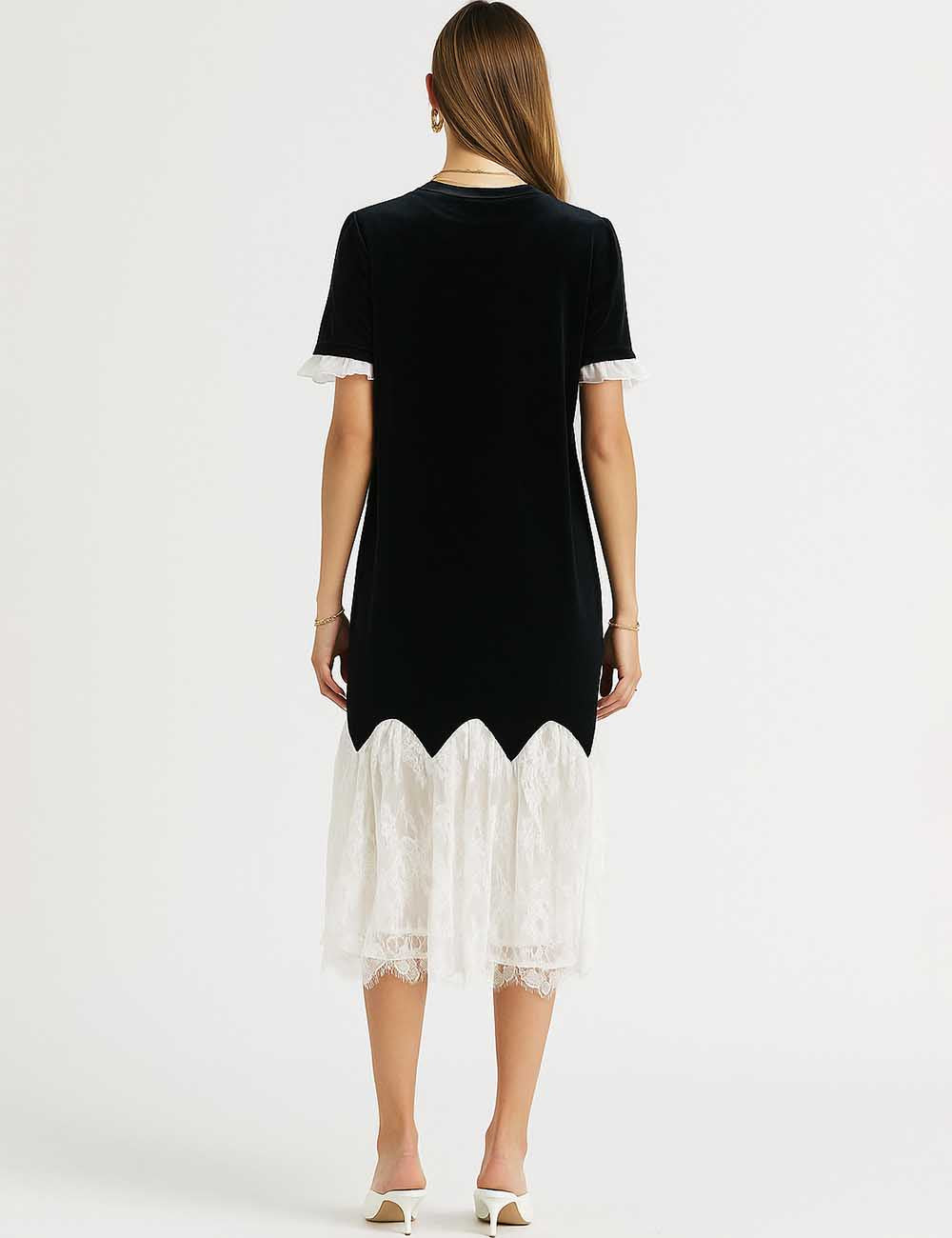 Ladies Chic Velvet Color Block Lace Splice Midi Dress