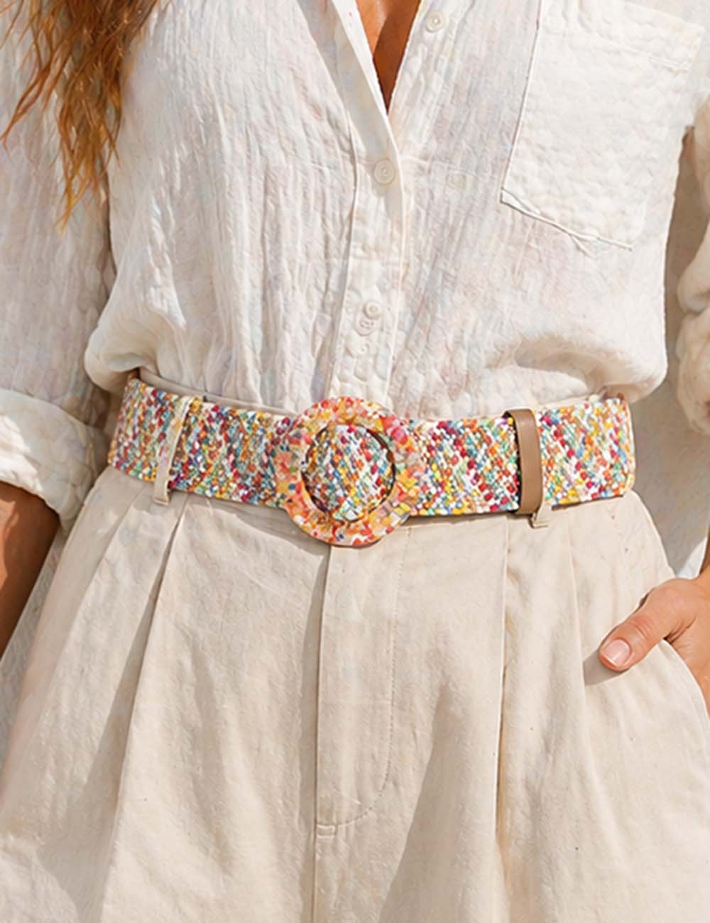 Ladies Multicolor Woven Straw Belt Resin Round Buckle Waist Belt
