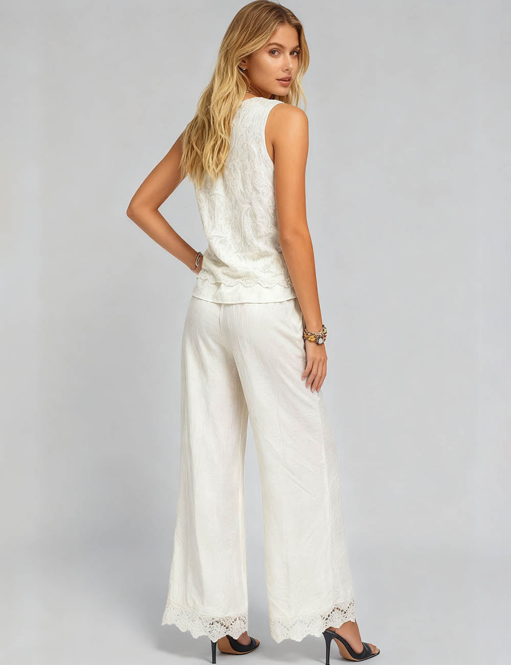 Ladies Floral Lace Round Neck Tank Top Wide Leg Pants Set