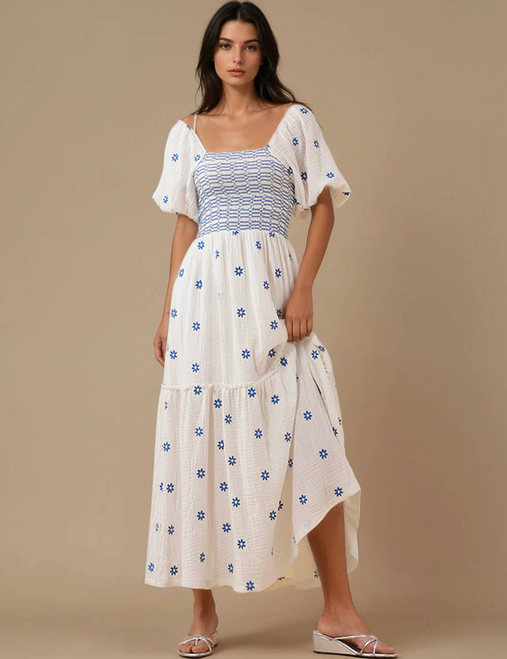 Ladies Color Block Floral Print Short Sleeves Maxi Dress