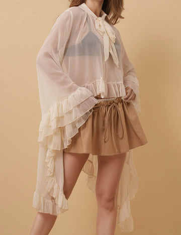 Ladies V-Neck Knot Ruffle Long Sleeves Pullover Shirt 8SKT51317