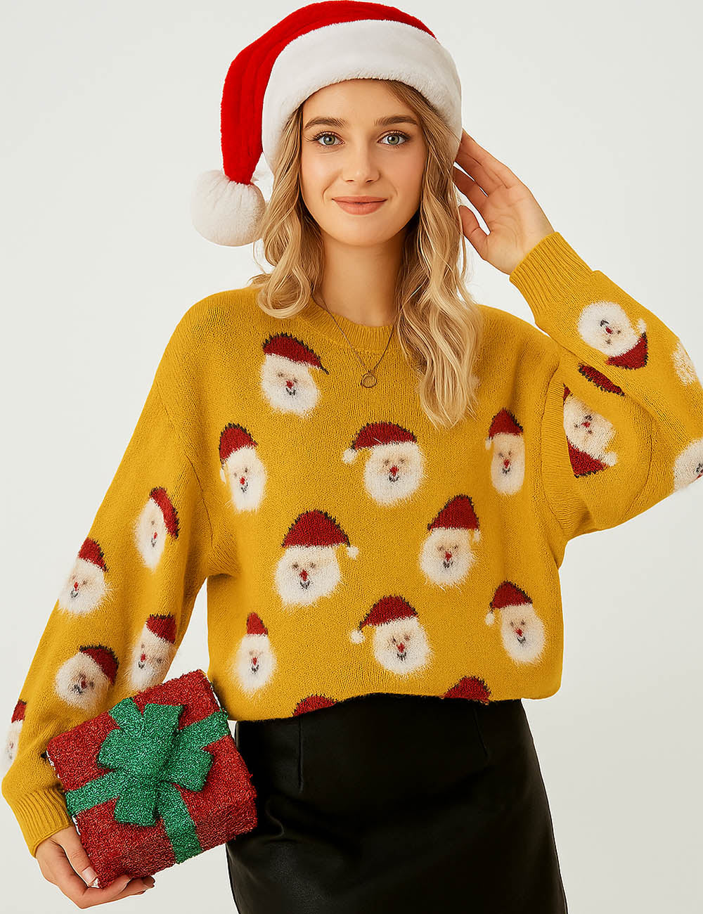 Ladies Merry Christmas Holiday Santa Pattern Knit Sweater