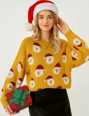 Ladies Merry Christmas Holiday Santa Pattern Knit Sweater