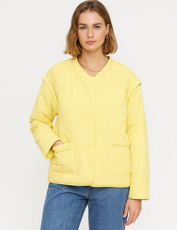 Ladies Solid Color Button Front Quilted Cotton Padded Jacket