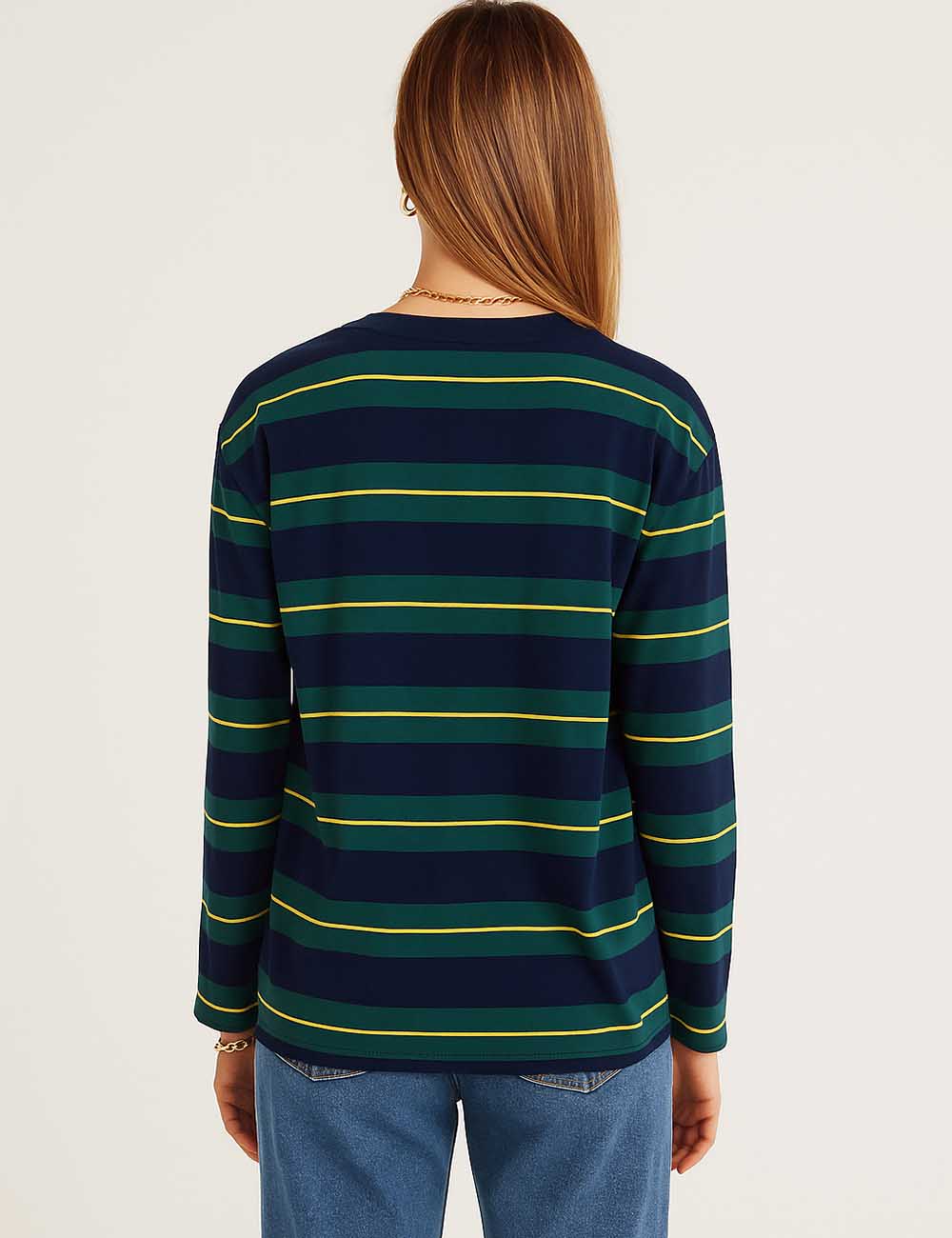 Ladies Casual Striped Round Neck Pocket T-Shirt
