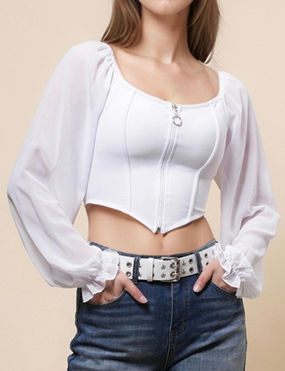 Ladies Solid Color Chiffone Sleeves Crop Top SKT4869