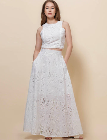 Women Eyelet Top and Midi Skirt 2PCS Set SKST50362