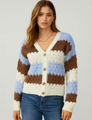 Ladies Colorful V-Neck Button Front Cropped Sweater Cardigan