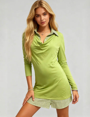 Ladies Striped Collar Cowl Front Faux 2PCS Shirt Mini Dress