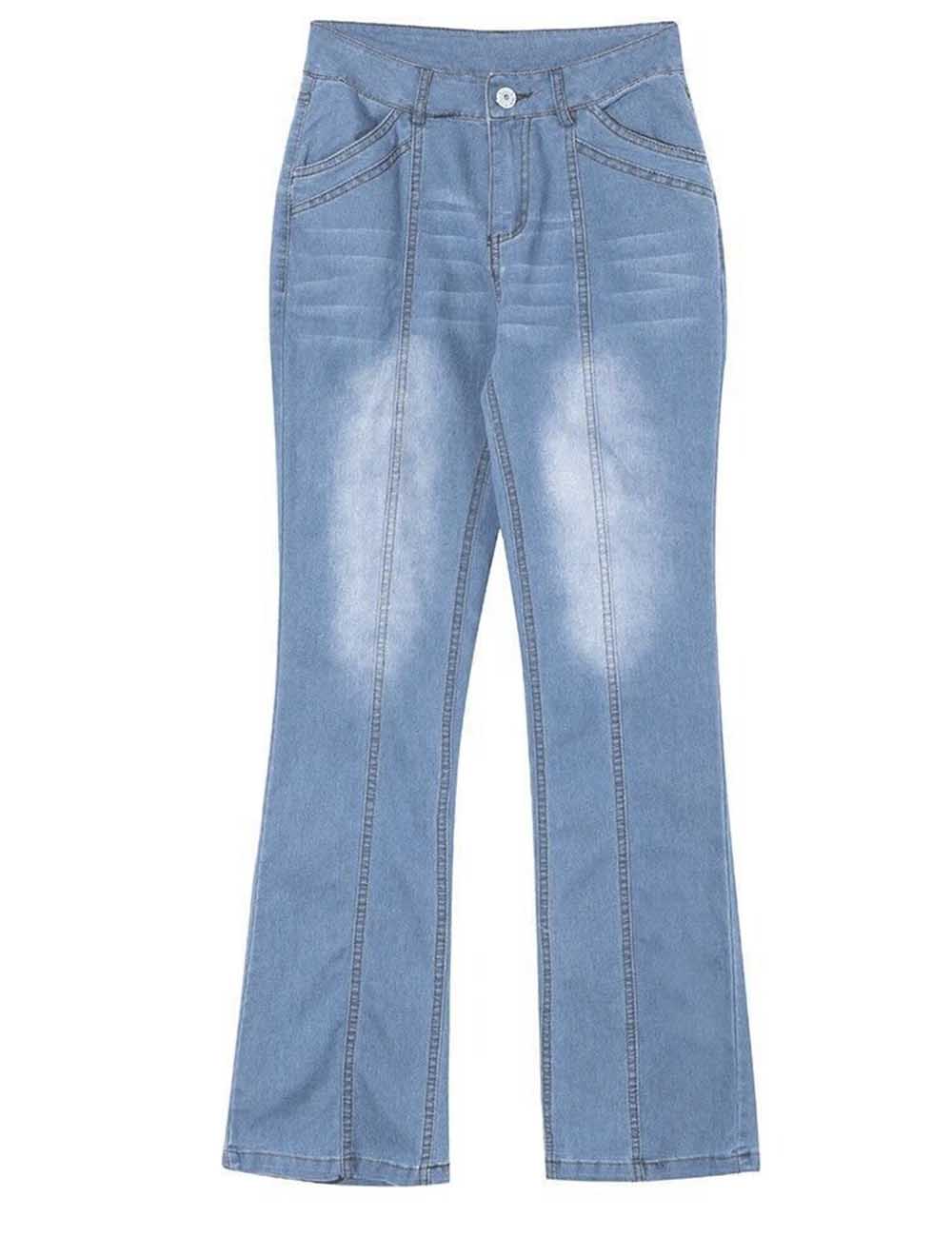Ladies Button Pocket Flared Leg Denim Pants