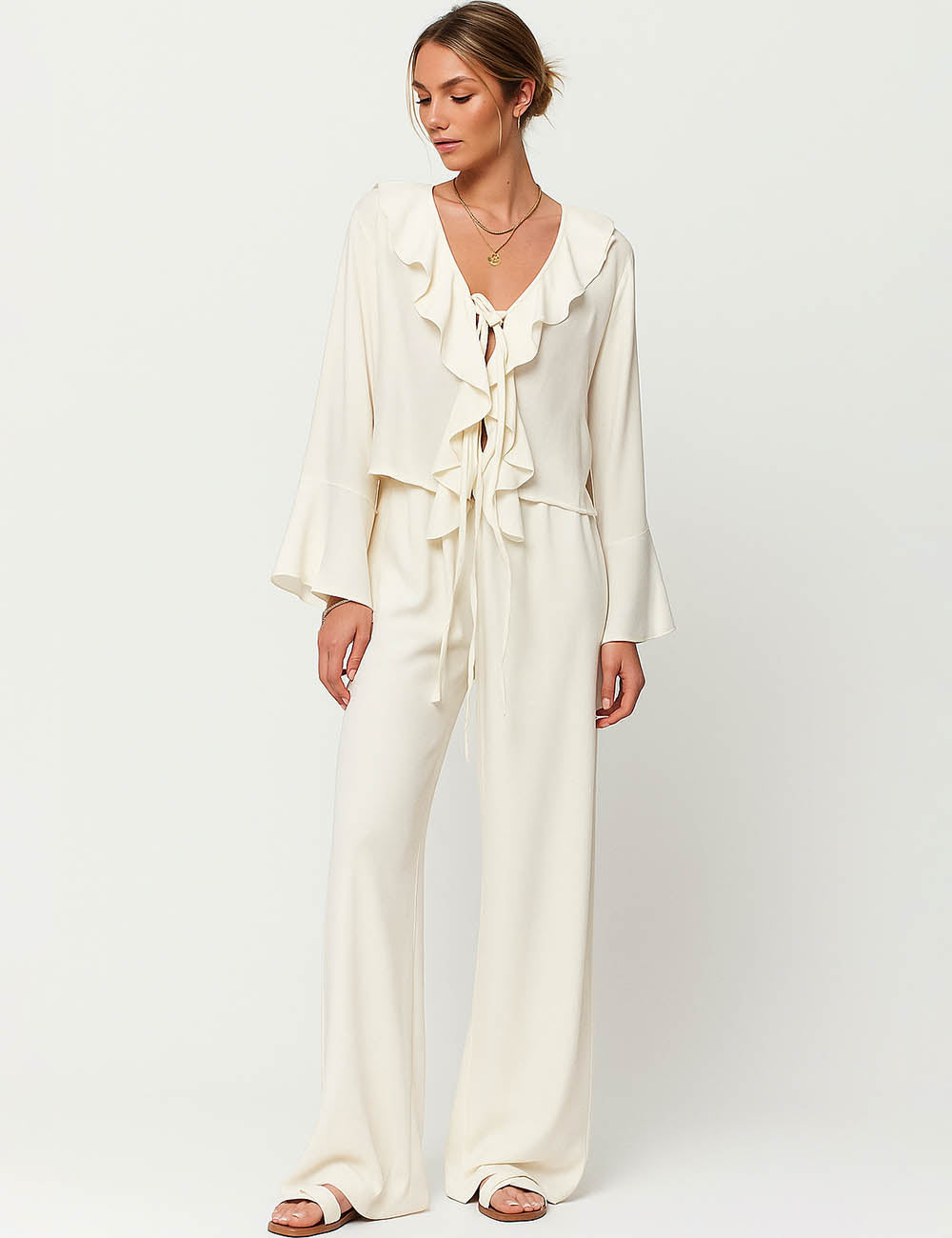 Ladies Ruffle Collar Tie Front Flared Sleeves Blouse & Pants Set