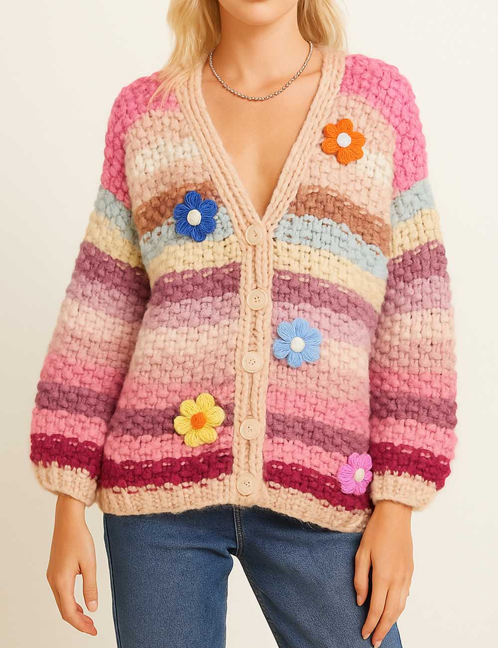 Ladies V-Neck Multicolor Striped Crochet Flower Knit Cardigan