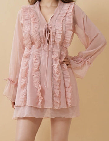 Ladies V-Neck Sheer Rhinestone Chain Ruffle Mini Dress