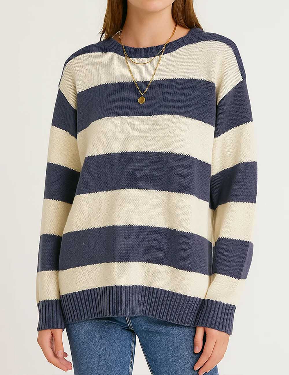 Ladies Striped Color Block Round Neck Knit Sweater