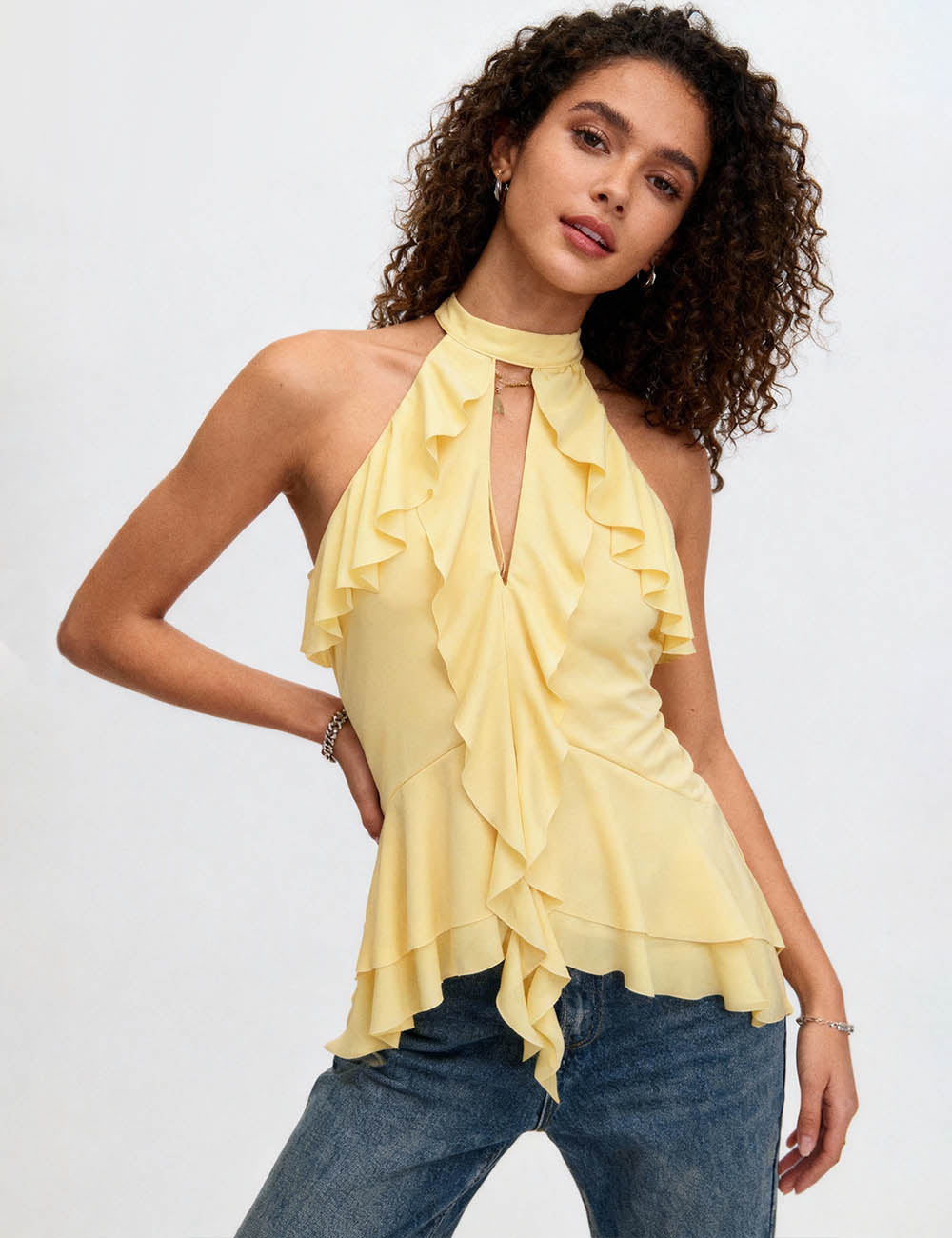 Ladies Solid Color Halter Tie Neck Ruffle Trim Sleeveless Top