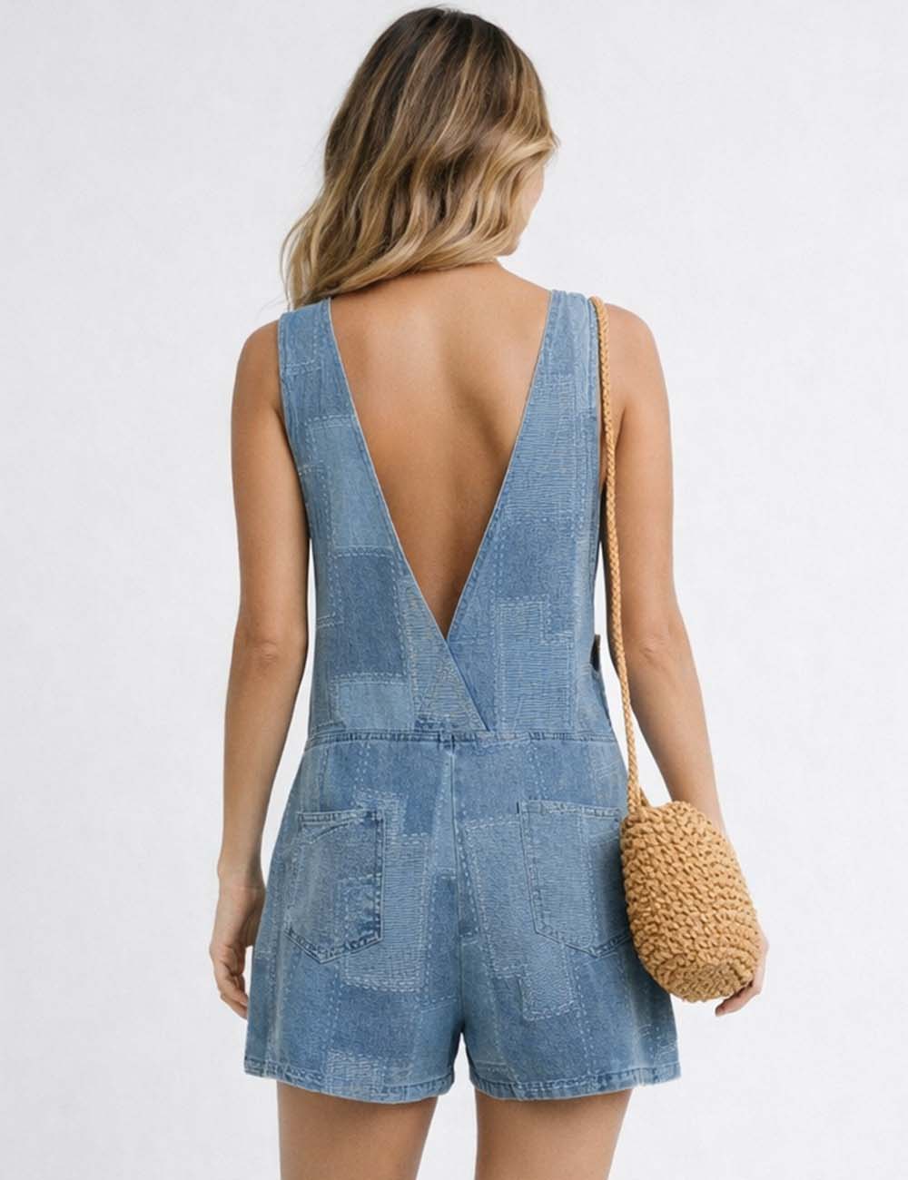 Ladies Patchwork Zip-Up Strape Shoulder Sleeveless Denim Romper