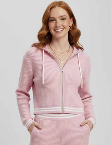 Ladies Striped Color Block Hoodie Zipper Cropped Knit Sweatshirt