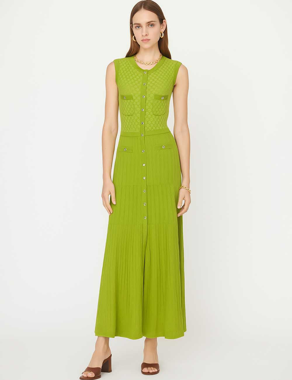Ladies Solid Color Round Neck Sleeveless Knit Midi Dress