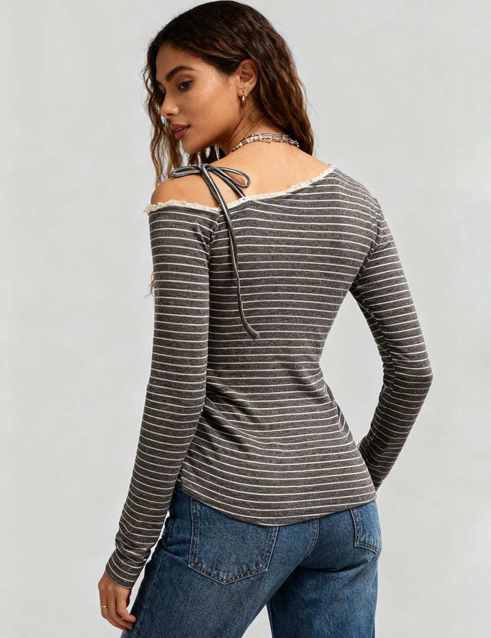 Ladies Striped Tie Shoulder Ruffle Trim Long Sleeves Top