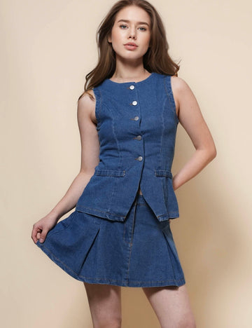 Ladies Sleeveless Denim Vest Skirt 2PCS Set SKST50092