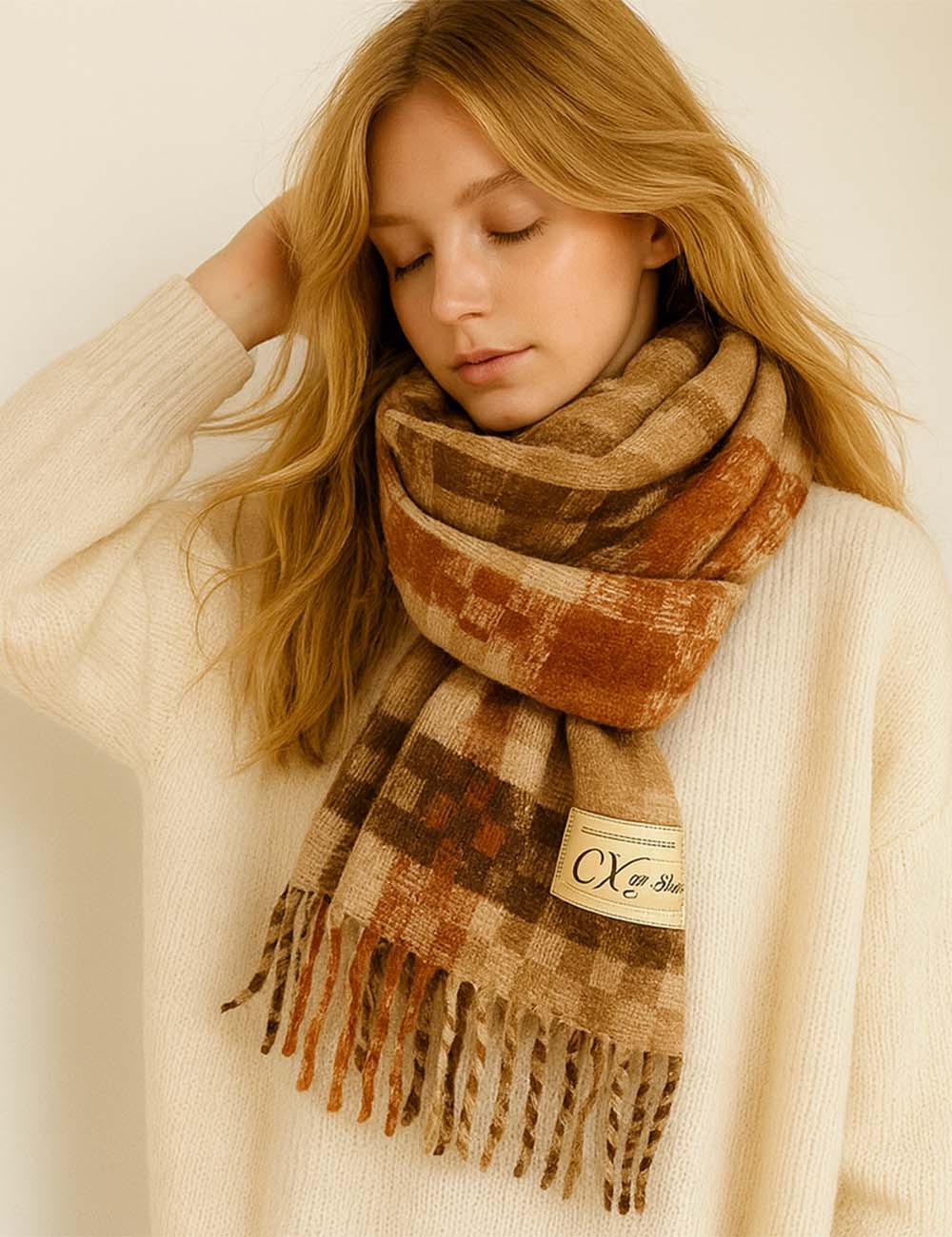 Ladies Color Block Plaid Pattern Tassel Hem Knit Scarf