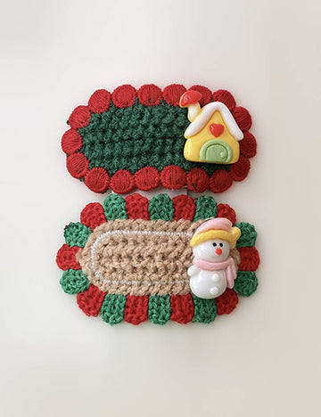 Ladies Christmas Snowman House Crochet Knit 2 Pack Hair Clip